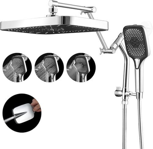 14" High Pressure Rain/Rainfall Shower Heads With Handheld Spray Combo (3+1 Settings & Built-in Power Wash Mode), Double/Dual Shower Head With Handheld - Height/Angle Adjustable(Polished Chrome) - color: Polished Chrome, size: 14 Inch