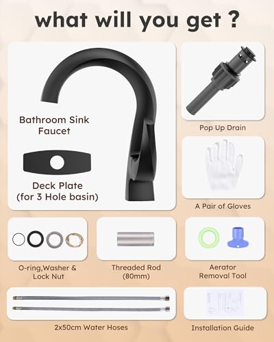 WOWOW Single Handle Bathroom Faucet, Matte Black, 1 Hole, High Arc, Pop Up Drain, Solid Brass, Easy Installation, 5 Year Warranty - color: Black