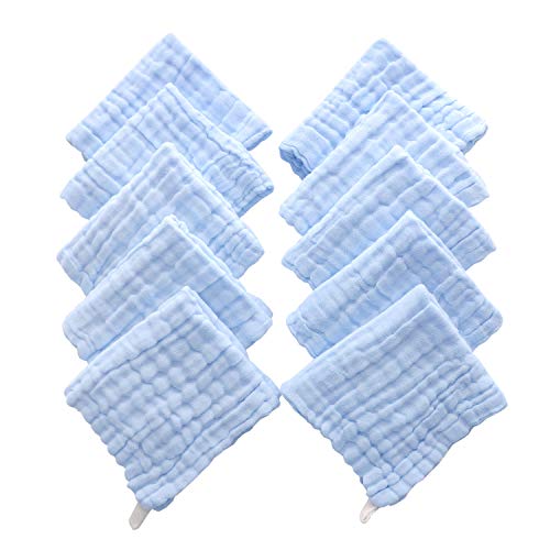 Baby Washcloths - Natural Cotton Baby Wipes - Soft Newborn Face Towel for Sensitive Skin - 10 Pack, 12x12 inches - color: Blue