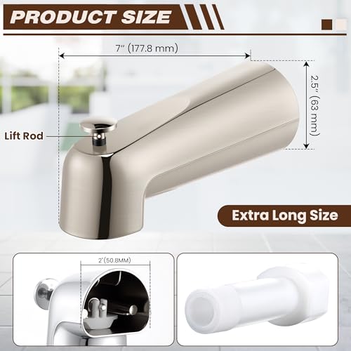 7″ Tub Spout Universal Fits,with Diverter,Brushed Nickel | Fits 1/2" Copper Pipe, 1/2" IPS and 3/4" IPS, Bathroom Bathtub Faucet with Adapters and Hex Wrench - color: Brushed Nickel, style: With Diverter