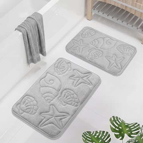 Tinideya Set of 2 Memory Foam Shell Starfish Bath Rugs Sets Ocean Beach Bathroom Mat Soft Absorbent Non Slip Floor Carpet for Coastal Bedroom Living Room Kitchen Entryway Indoor Decorations