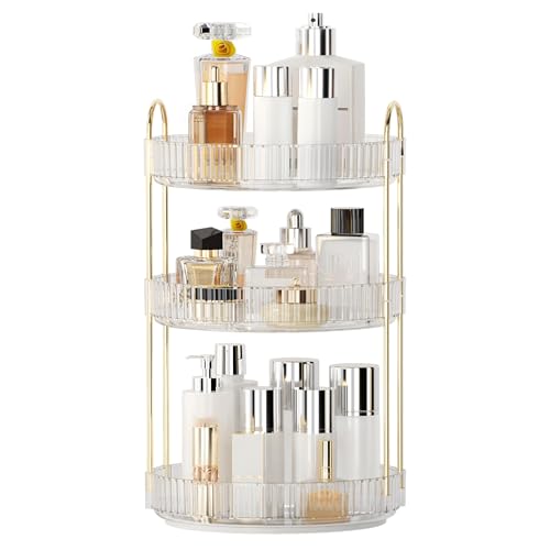YCIA&DONE 360 Rotating Makeup Organizer and Storage for Vanity Countertop 3 Tiers, High Capacity Cosmetic Skincare Perfume Organizers for Dresser Bathroom Lazy Susan (Clear White) - color: Clear White, size: 9"