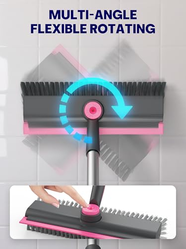 3 in 1 Floor Scrub Brush with Long Handle, Deck Brush with Squeegee | Stiff Dual-side Bristle, 360° Swivel Head with Tweezer, for Tile Wall Deck Bathroom Patio Garage Pool Kitchen (Pink and Gray) - color: Pink and Grey