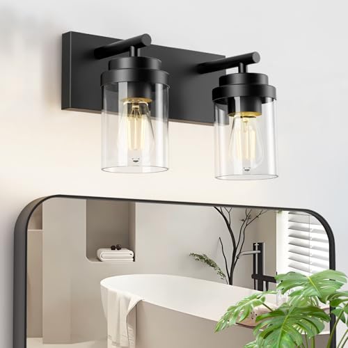 IZORRO Bathroom Vanity Light Fixture, 2-Light 15 Inch Matte Black Bathroom Light Fixtures Over Mirror, with Clear Glass Shade, Modern Farmhouse Vanity Lights, Rustic Restroom Lighting Fixtures - color: Black-Clear Glass Shade, size: 15 inch-2-Light