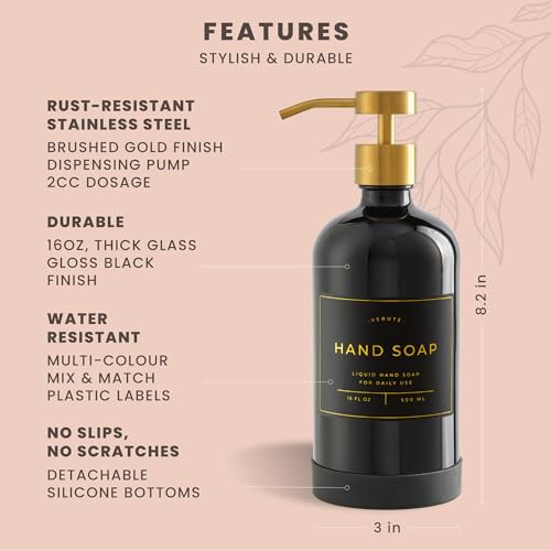 Hand and Dish Soap Dispenser for Kitchen and Bathroom, Set of 2 16 Oz Glass Bottles, Stainless Steel Pumps, Non-Slip Silicone Base, 27 Waterproof Labels (Gloss Black Bottle/Brushed Gold Pump) - color: Gloss Black Bottle / Brushed Gold Pump