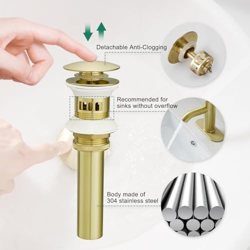 VOTON Brushed Gold Pop Up Bathroom Sink Drain with Overflow Assembly with Strainer Lavatory Vanity Vessel Pop Up Drain Stopper - color: Brushed Gold, size: With Overflow