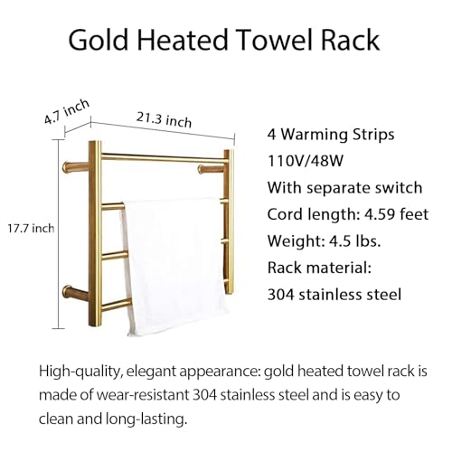 XBVV Gold Heated Towel Rack for Bathroom, Wall Mounted Bath Towel Warmer, Plug-in Electric Towel Rack, 304 Stainless Steel Fast Heating Towel Rack,Keep Bathroom Shower Towels Warm (4-Bar) - color: Gold