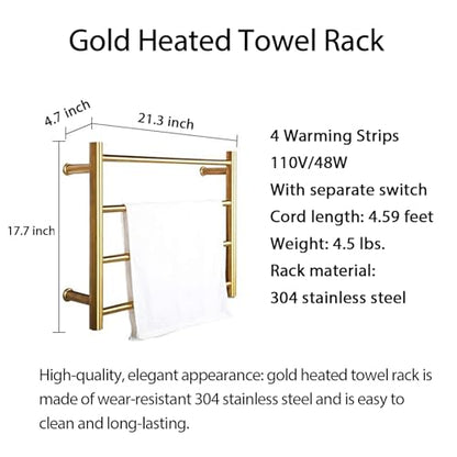 XBVV Gold Heated Towel Rack for Bathroom, Wall Mounted Bath Towel Warmer, Plug-in Electric Towel Rack, 304 Stainless Steel Fast Heating Towel Rack,Keep Bathroom Shower Towels Warm (4-Bar) - color: Gold