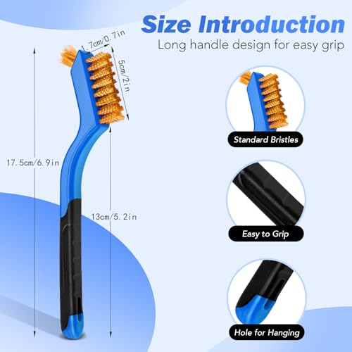 Wire Brush Set, 6 Pcs Stainless Steel/Brass/Nylon Wire Brushes | Blue, 7" Total Length for Tight Spaces, For Cleaning with Curved Handle Grip for Rust Removal, Dirt, Paint Scrubbing - style: Blue-6pcs