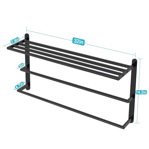 Matte Black 32 InchTowel Racks for Bathroom, VOTZAAQ Black Towel Shelf with Double Towel Bar, 3 Tier Stainless Steel Towel Storage, Bath Towel Holder Wall Mounted - size: 32 Inch