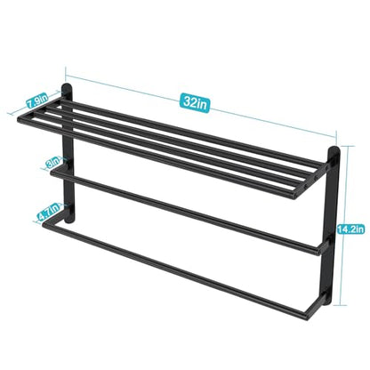 Matte Black 32 InchTowel Racks for Bathroom, VOTZAAQ Black Towel Shelf with Double Towel Bar, 3 Tier Stainless Steel Towel Storage, Bath Towel Holder Wall Mounted - size: 32 Inch
