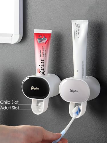 Toothpaste Dispenser 2 PCS Semi-Automatic Toothpaste Squeezer Holder for Family Shower Bathroom, No-Drill Mounting Wall Adhesive Pad, Easy to Install & Clean