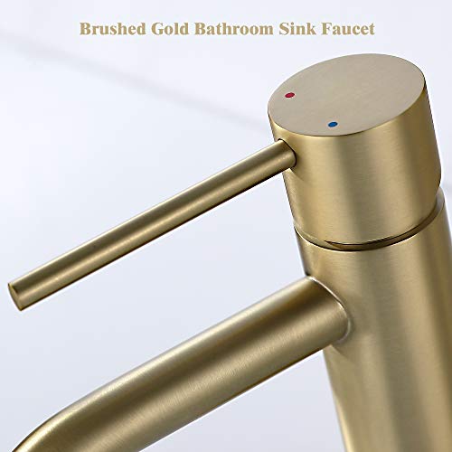 Brushed Gold Bathroom Faucet, Single Handle Brass Sink Faucet Bathroom Single Hole with Pop Up Sink Drain Assembly and Water Faucet Supply Lines | cUPC NSF Lead-Free Bathroom Sink Faucet Single Handle with Pop Up Drain & Supply Lines, 1 Handle Matte Gold