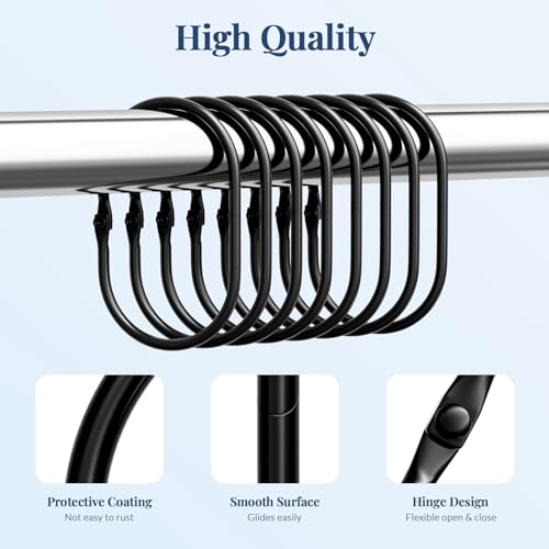 Bathway Shower Curtain Rings, Bathway Shower Curtain Hooks, Black Shower Curtain Hooks Rings Rust Proof, Anti-Drop Smooth Shower Rings for Curtain, 12 Pcs Metal Shower Hooks for Shower Curtain Rod - color: Black, style: Modern Oval