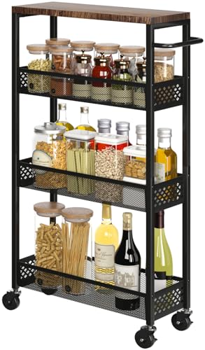 XYZLVSI Utility Slim Storage Cart, 4 Tier Kitchen Narrow Shelf on Wheels | 7.1" W skinny rolling cart with wooden top and metal handle, ideal for bathroom/dorm/office, between washer and dryer storage - size: 16.7"Dx7.1"Wx34"H
