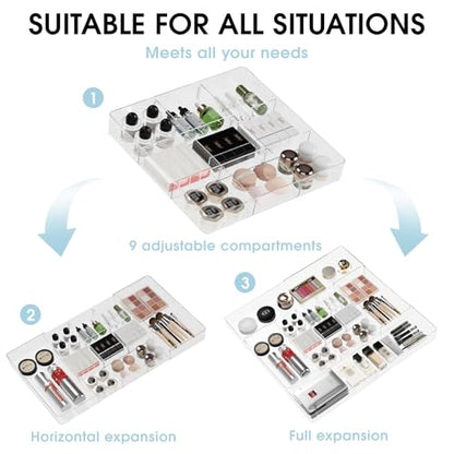 Expandable Makeup Drawer Organizer, Clear Silverware Drawer Organizer Tray. | Width (10.6"-20.1") Depth (11"-20.1") Height1.9", with 6 Removable Dividers, Great for Cosmetic,Utensils,Stationery,Office
