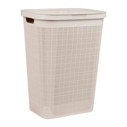 Mind Reader 60L Slim Laundry Hamper, Clothes Basket, Lid, Linen Design, Plastic, Ivory - color: Ivory
