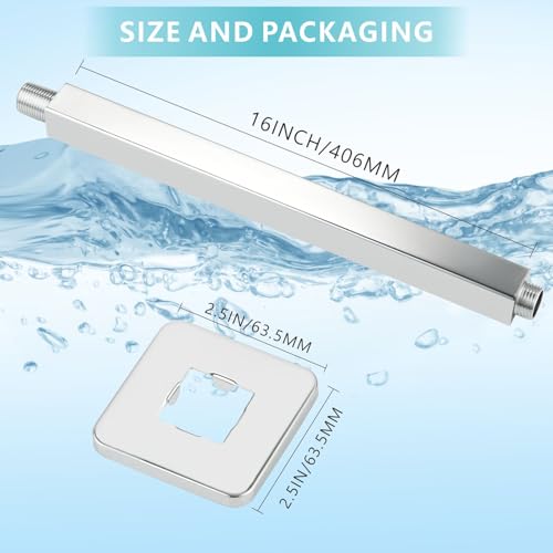 Ceiling Mounted Shower Arm with Flange, Universal Connection 1/2 NPT Straight, Made of Thicken Stainless Steel, Square Extension Arm for Fixed Rain Shower Head(16 Inch, Chrome) - color: Chrome, style: 16 Inch