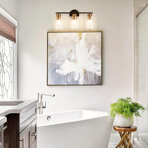 3-Light Black and Gold Bathroom Vanity Light Fixtures Over Mirror | Bathroom Wall Sconce, Clear Glass Shade, For Bathroom Bedroom Dressing Table Hallway, E26 Base - color: 3 Light Gold + Black