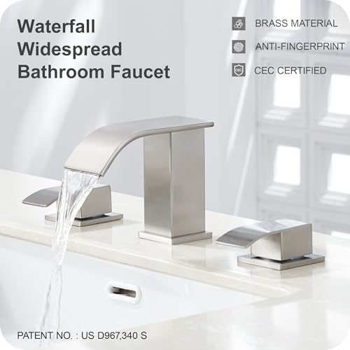 GAGALIFE 8 Inch Waterfall Bathroom Faucets 3 Hole - Brushed Nickel Widespread Bathroom Faucet with Pop-up Drain, Two Handles Bathroom Sink Faucet, Modern Vanity Sink faucets with Supply Lines - color: Brushed Nickel, style: With Drain
