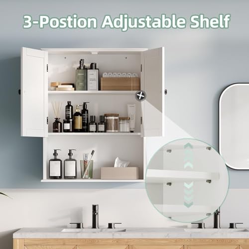 Bathroom Wall Cabinet, 30" x 24" White Painted Finish Wooden Wall Mounted Medicine Cabinet with 3 Level Adjustable Shelf, Over the Toilet Storage Cabinet, Wall Storage Cabinet for Bathroom - size: 24"L x 8"W x 30"H