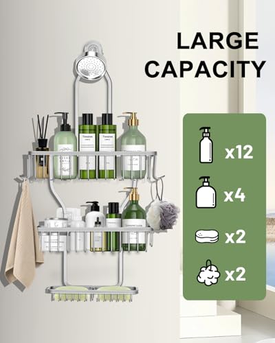 Shower Caddy Hanging - Never Rust Shower Hanging Organizer - Aluminum Over the ShowerHead Caddy with 6 Hooks for Razor/Sponge (Silver) - color: Silver