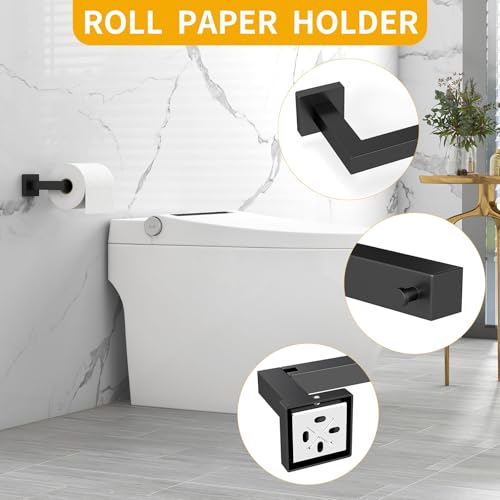 FLE Toilet Paper Holder Wall Mount, Hand Towel Holder Set for Bathroom | Wall Mounted Toilet Paper Holder, Square Bathroom Hardware Set(Black)