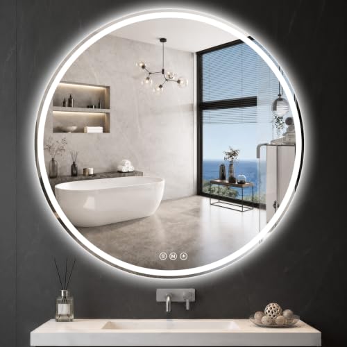Round LED Bathroom Mirror, 48 Inch, HD Shatterproof Tempered Glass | Lighted Bathroom Mirror with Dimmable Lights Bathroom Mirror with Lights for Wall, 3 Color Temperatures - size: 48"L x 48"W