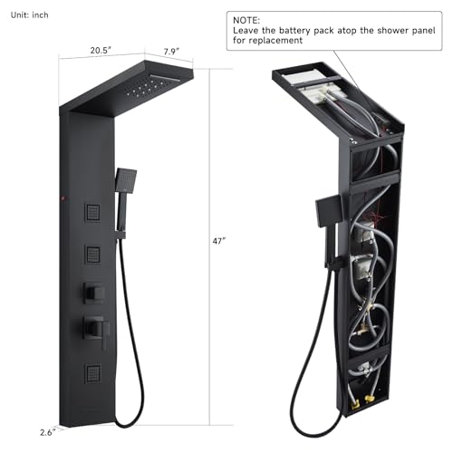 5-in-1 LED Shower Panel Tower System Stainless Steel Matte Black | Rainfall + waterfall heads | Body jets | Handheld shower | Tub spout | LED lights | Wall mount - color: Matte Black