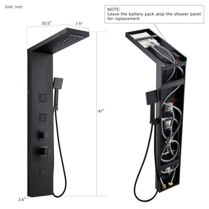 5-in-1 LED Shower Panel Tower System Stainless Steel Matte Black | Rainfall + waterfall heads | Body jets | Handheld shower | Tub spout | LED lights | Wall mount - color: Matte Black