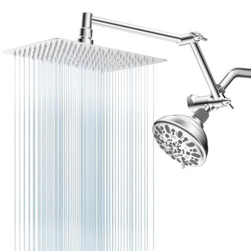 All Metal Shower Head, 10" High Pressure Dual Rainfall/Handheld Shower Head Combo with 16" Adjustable Shower Extension Arm, 7 Spray Modes Fixed Showerhead, 3-Way Diverter Valve, Chrome - color: Chrome, style: Square