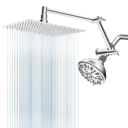 All Metal Shower Head, 10" High Pressure Dual Rainfall/Handheld Shower Head Combo with 16" Adjustable Shower Extension Arm, 7 Spray Modes Fixed Showerhead, 3-Way Diverter Valve, Chrome - color: Chrome, style: Square