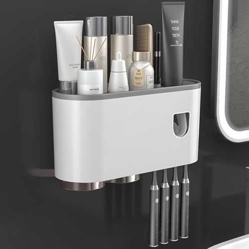 Multifunctional Wall-Mounted Toothbrush Holder, Automatic Toothpaste Dispenser Space Saving Toothbrush and Toothpaste Holder, with 2 Cup and Cosmetic Organizer (Gray 2Cup)