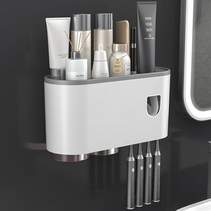 Multifunctional Wall-Mounted Toothbrush Holder, Automatic Toothpaste Dispenser Space Saving Toothbrush and Toothpaste Holder, with 2 Cup and Cosmetic Organizer (Gray 2Cup)