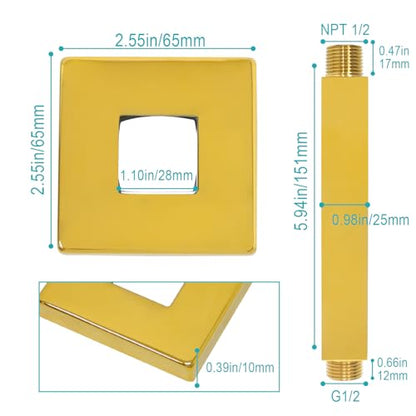 Enga Brass 6-Inch Straight Shower Arm with Flange, Bright Gold - color: Polished Gold, style: 6 Inch