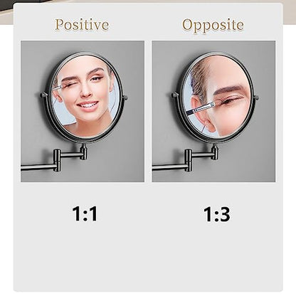 Wall Mounted Makeup Mirror, 1X/3X Magnifying Mirror Double-Sided Shaving Mirror, 360° Extendable Arm Vanity Mirror for Bathroom Hotel, 8 inch