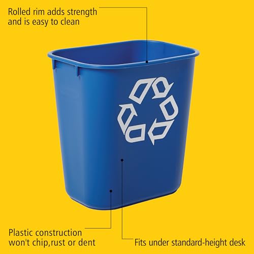 Rubbermaid Commercial Deskside Recycling Container, 3.25-Gallon/13-Quart, Blue Recycling Symbol, Plastic, for Bedroom/Bathroom/Office, Fits Under Desk/Sink/Cabinet