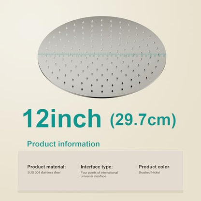 All Metal Rain Shower Head - Heavy Duty Stainless Steel, Easy Install, High Water Flow, Ultra-Thin Modern Design for Bathroom (Brushed Nickel, 12) - color: Brushed Nickel, size: 12