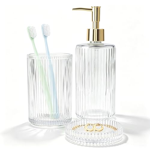 Clear Glass Bathroom Accessories Set,Soap Dispenser,Toothbrush Holder,Tray | Elegant Bathroom Decor for Housewarming Gift - color: Clear, size: 3PCS