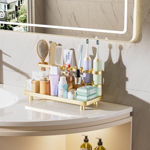 YOOLENS Electric Toothbrush Holder for Bathroom Countertop 5 Metal Slots Toothpaste Razor Mouthwash Organizer, Gold - color: Gold