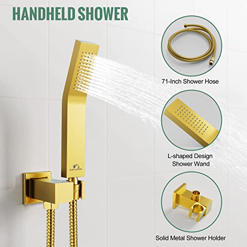 SunCleanse Rainfall Shower System with High Pressure in Brushed Gold | Ceiling mounted shower combo set featuring a 10" square rain head, handheld spray, and rough-in mixer valve with trim. - color: Brushed Gold, style: 10-ceiling