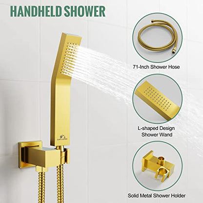 SunCleanse Rainfall Shower System with High Pressure in Brushed Gold | Ceiling mounted shower combo set featuring a 10" square rain head, handheld spray, and rough-in mixer valve with trim. - color: Brushed Gold, style: 10-ceiling