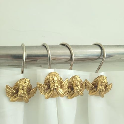 Twofish Home Golden Angel Shower Curtain Hooks Anti Rust Shower Curtain Hooks Decorative Resin Golden Angel Shower Curtain Rings Set of 12 - color: Golden Angel-1