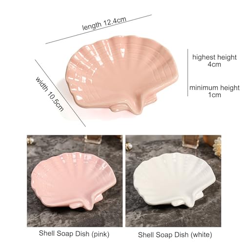 Ceramic Soap Holder, Sea-Shell Soap Tray with Self Draining, Soap Tray for Sink Washroom Bathroom Shower, Small Cute and Elegant Holder with Glaze, Easy Cleaning (Pink) - color: Pink