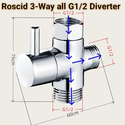 Sink Faucet Switch Valve Brass 3-Way Diverter Splitter G1/2 Adaptor - color: Metal Sliver