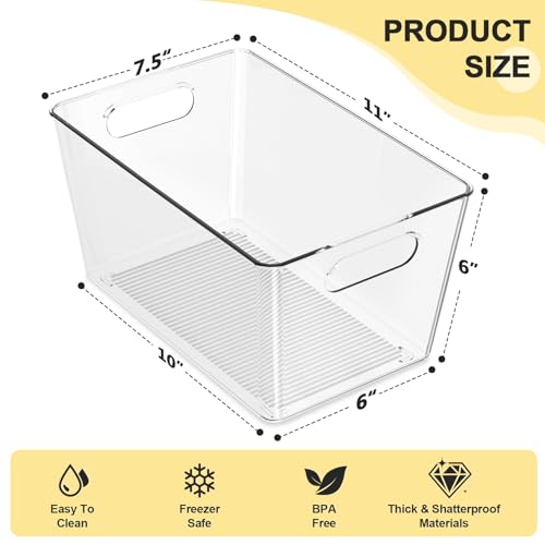 4 Pack Large Clear Plastic Storage Bins, Kitchen &Pantry Organizer | Heavy-duty 450g BPA-free PETG containers with handles for fridge, under-sink, bathroom, office, closet, and garage storage - size: 4 Large & 0 Small