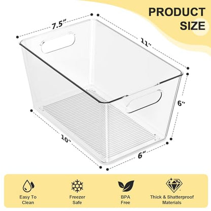 4 Pack Large Clear Plastic Storage Bins, Kitchen &Pantry Organizer | Heavy-duty 450g BPA-free PETG containers with handles for fridge, under-sink, bathroom, office, closet, and garage storage - size: 4 Large & 0 Small