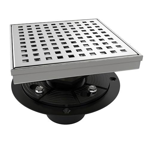 6 Inch Square Shower Drain Brushed Floor Drain with Flange Square Holes Pattern Cover Grate Removable SUS304 Stainless Steel Watermark&CUPC Certified Brushed - color: Brushed, size: 6 Inch