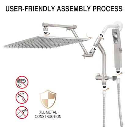 All Metal 12 Inch Rain Shower Head with Handheld Built-in Power Wash Mode, High Pressure Waterfall Rainfall Square Shower Heads with 16" Adjustable Extension Arm, Dual Showerhead(Brushed Nickel) - color: Brushed Nickel, size: 12 Inch