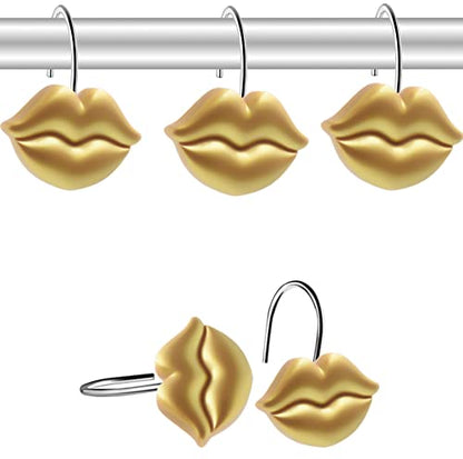 Gold Shower Curtain Hooks Rings, Gold Lips, Set of 12 | Rustproof Metal Shower Rings for Bathroom Shower Hooks for Shower Curtain